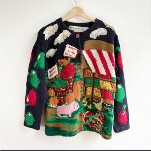 Novelty Apple Market Knit Cardigan - Navy, Red, Green